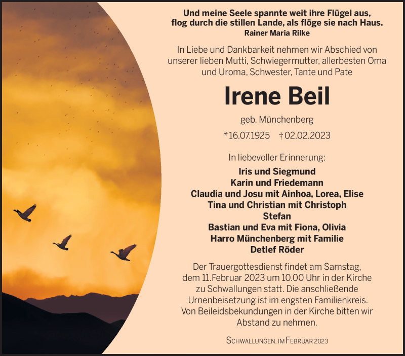  Traueranzeige für Irene Beil vom 08.02.2023 aus Südthüringer Presse