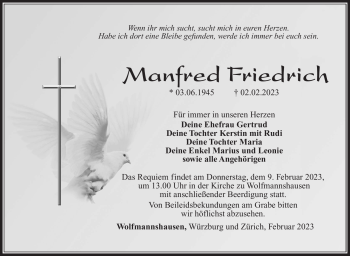 Traueranzeige von Manfred Friedrich von Südthüringer Presse