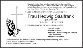 Traueranzeige von Hedwig Saalfrank von Frankenpost