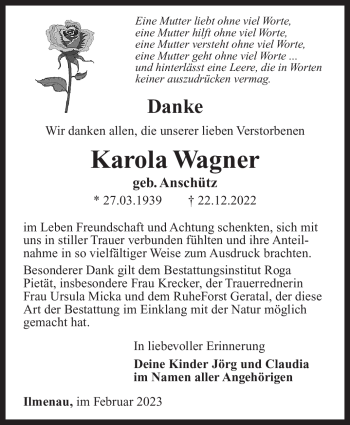 Traueranzeige von Karola Wagner von Südthüringer Presse