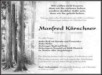 Traueranzeige von Manfred Kürschner von Südthüringer Presse