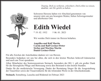 Traueranzeige von Edith Wiedel von Südthüringer Presse