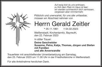 Traueranzeige von Gerald Zeitler von Frankenpost