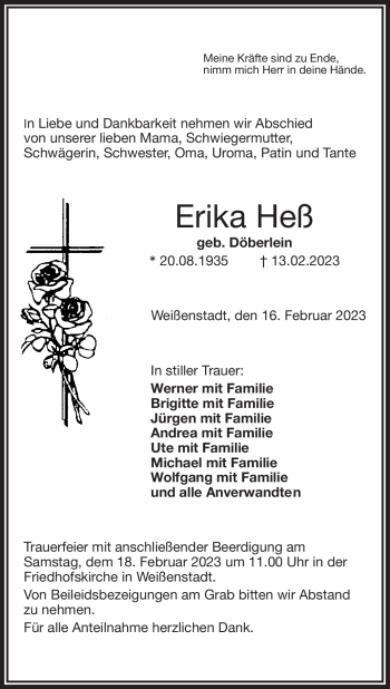Traueranzeige von Erika Heß von Frankenpost