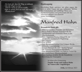Traueranzeige von Manfred Hahn von Südthüringer Presse