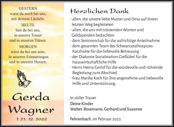 Traueranzeige von Gerda Wagner von Südthüringer Presse