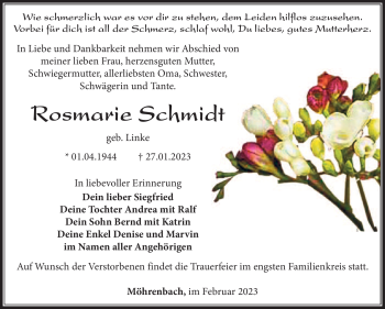 Traueranzeige von Rosmarie Schmidt von Südthüringer Presse