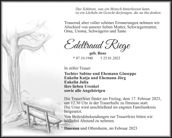 Traueranzeige von Edeltraud Riege von Südthüringer Presse