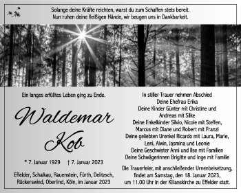 Traueranzeige von Waldemar Kob von Südthüringer Presse