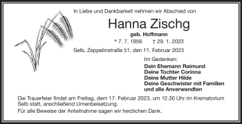 Traueranzeige von Hanna Zischg von Frankenpost