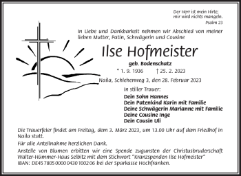 Traueranzeige von Ilse Hofmeister von Frankenpost