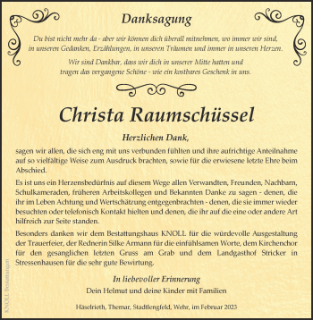 Traueranzeige von Christa Raumschüssel von Südthüringer Presse