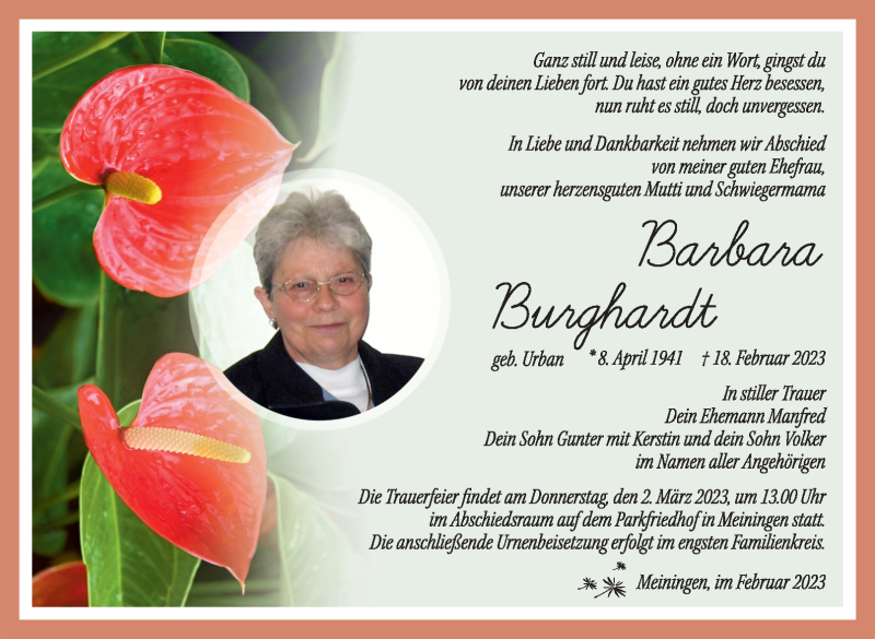  Traueranzeige für Barbara Burghardt vom 25.02.2023 aus Südthüringer Presse