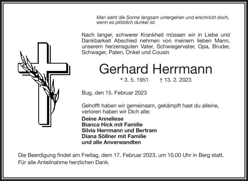  Traueranzeige für Gerhard Herrmann vom 15.02.2023 aus Frankenpost