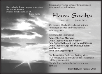 Traueranzeige von Hans Sachs von Südthüringer Presse