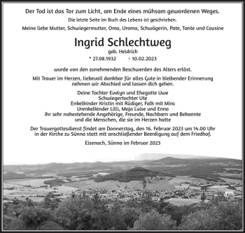 Traueranzeige von Ingrid Schlechtweg von Südthüringer Presse