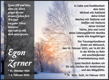 Traueranzeige von Egon Zerner von Südthüringer Presse