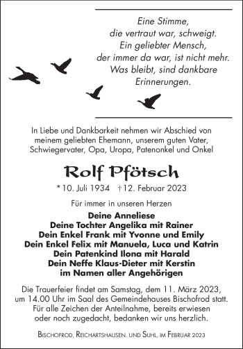 Traueranzeige von Rolf Pfötsch von Südthüringer Presse