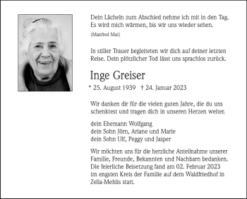 Traueranzeige von Inge Greiser von Südthüringer Presse