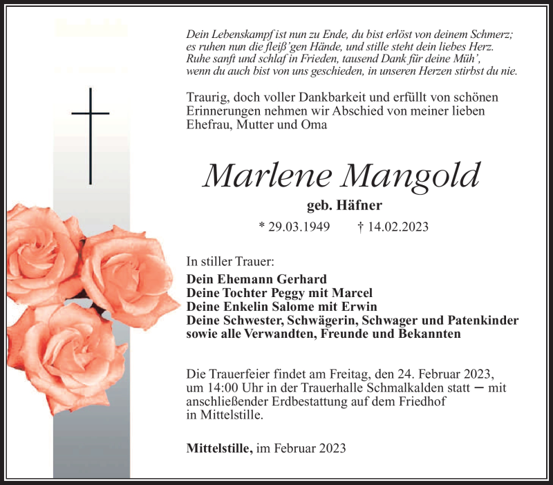  Traueranzeige für Marlene Mangold vom 18.02.2023 aus Südthüringer Presse