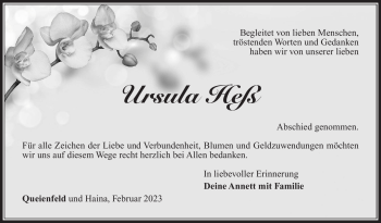 Traueranzeige von Ursula Heß von Südthüringer Presse
