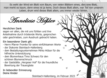 Traueranzeige von Anneliese Heßler von Südthüringer Presse