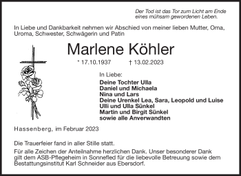 Traueranzeige von Marlene Köhler von Neue Presse Coburg