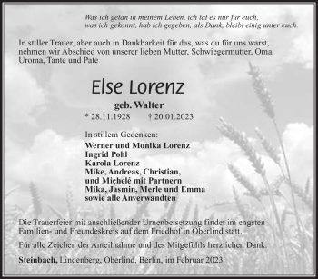 Traueranzeige von Else Lorenz von Südthüringer Presse