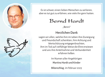 Traueranzeige von Bernd Hardt von Südthüringer Presse