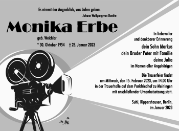 Traueranzeige von Monika Erbe von Südthüringer Presse