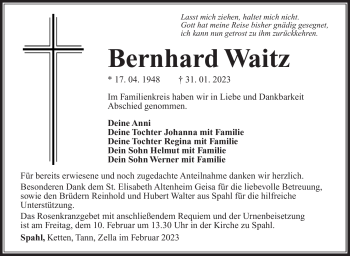 Traueranzeige von Bernhard Waitz von Südthüringer Presse