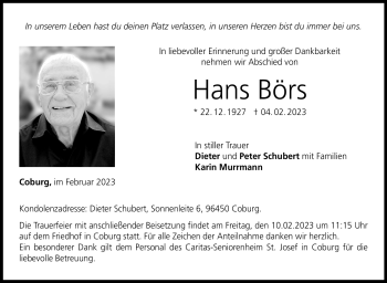 Traueranzeige von Hans Börs von Neue Presse Coburg