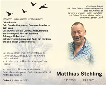 Traueranzeige von Matthias Stehling von Südthüringer Presse