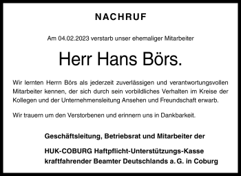 Traueranzeige von Hans Börs von Neue Presse Coburg