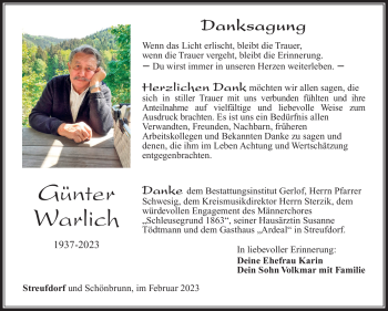 Traueranzeige von Günter Warlich von Südthüringer Presse