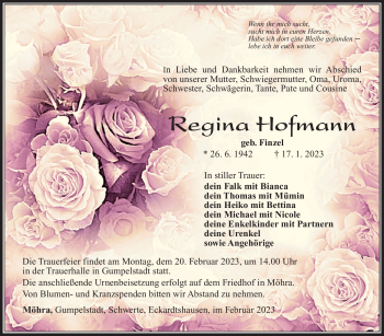 Traueranzeige von Regina Hofmann von Südthüringer Presse