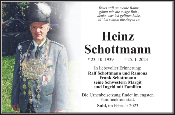 Traueranzeige von Heinz Schottmann von Südthüringer Presse