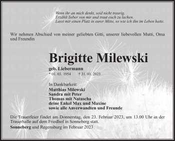 Traueranzeige von Brigitte Milewski von Südthüringer Presse