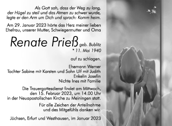 Traueranzeige von Renate Prieß von Südthüringer Presse