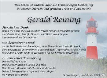 Traueranzeige von Gerald Reining von Südthüringer Presse