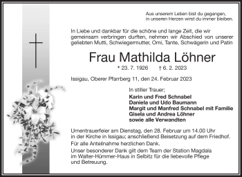 Traueranzeige von Mathilda Löhner von Frankenpost