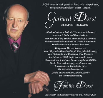 Traueranzeige von Gerhard Dorst von Südthüringer Presse