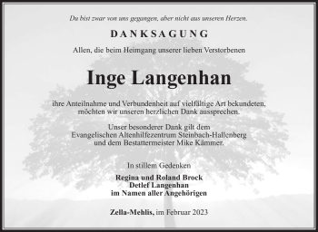 Traueranzeige von Inge Langenhan von Südthüringer Presse