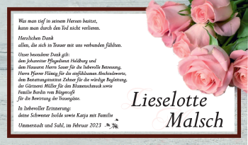 Traueranzeige von Lieselotte Malsch von Südthüringer Presse