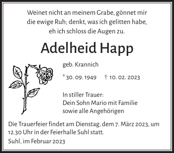 Traueranzeige von Adelheid Happ von Südthüringer Presse