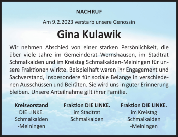 Traueranzeige von Gina Kulawik von Südthüringer Presse