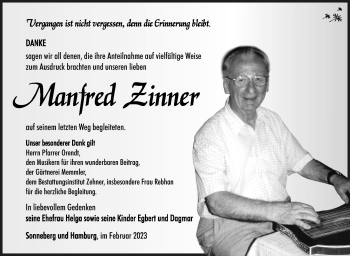 Traueranzeige von Manfred Zinner von Südthüringer Presse
