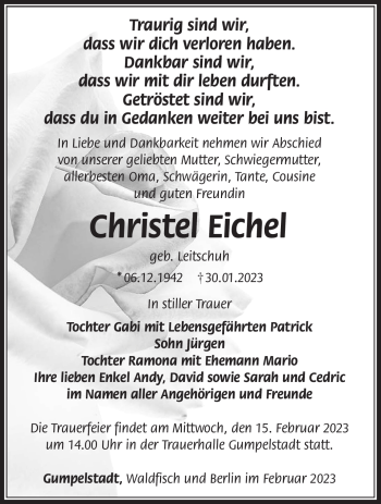 Traueranzeige von Christel Eichel von Südthüringer Presse