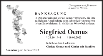 Traueranzeige von Siegfried Oemus von Südthüringer Presse
