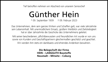 Traueranzeige von Günther Hein von Neue Presse Coburg